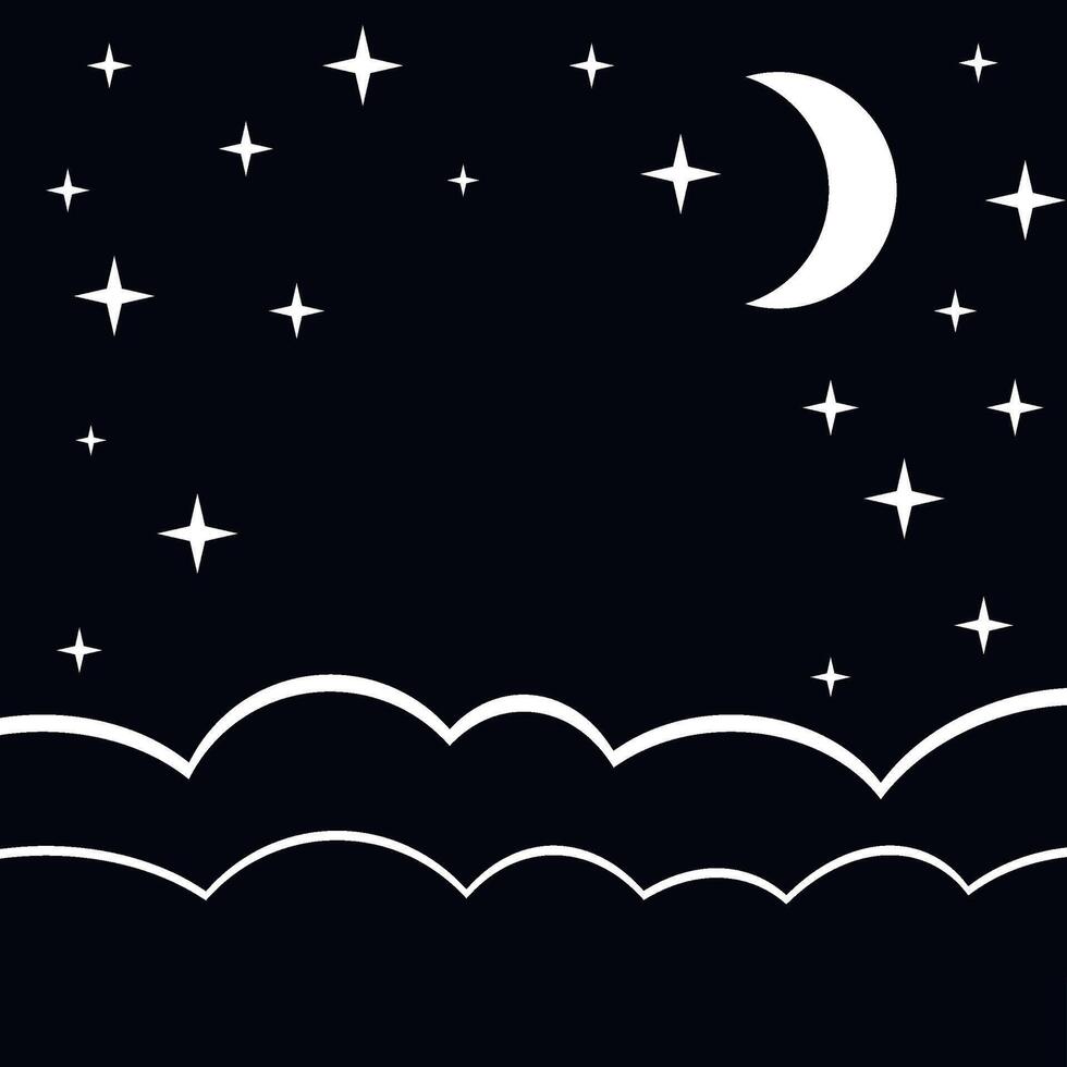 Night sky with stars and moon, monochrome black white style, paper layout. Baby background. Moon illustration on black background, crescent, night sky illustration, black and white sky vector