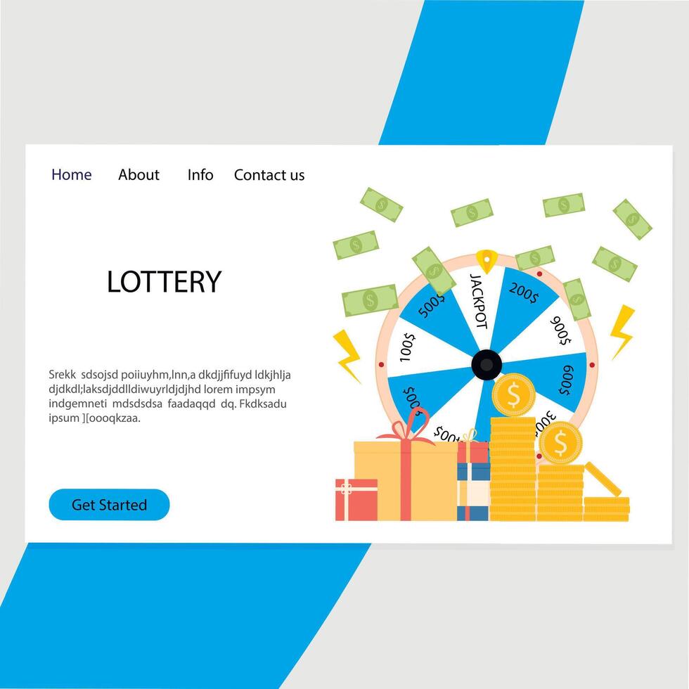 Lottery landing page, win lot of money and prize. Vector illustration. Lottery winner page, prize web site design, random reward concept, digital event, ball box banner, casino homepage
