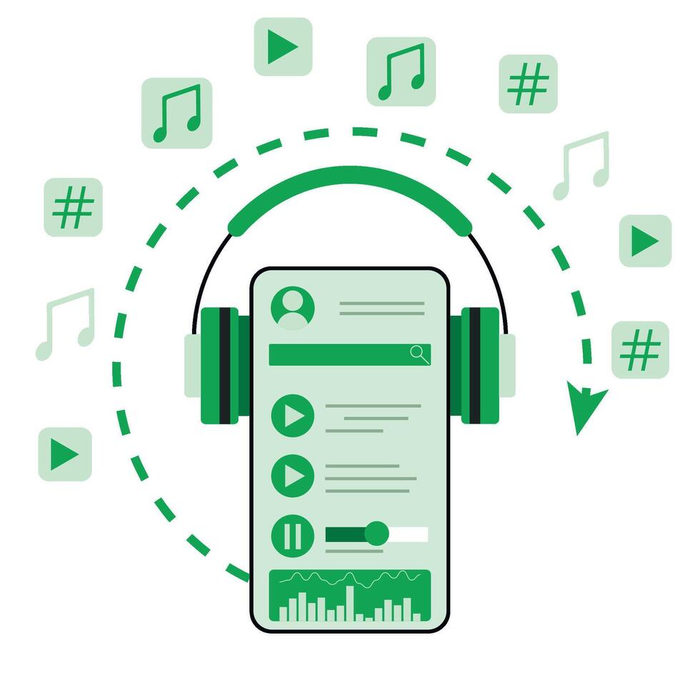 Music service online and streaming, mobile application to listen music. Vector illustration. Online streaming, music mobile app, broadcast service, modern smartphone song software, live tunes