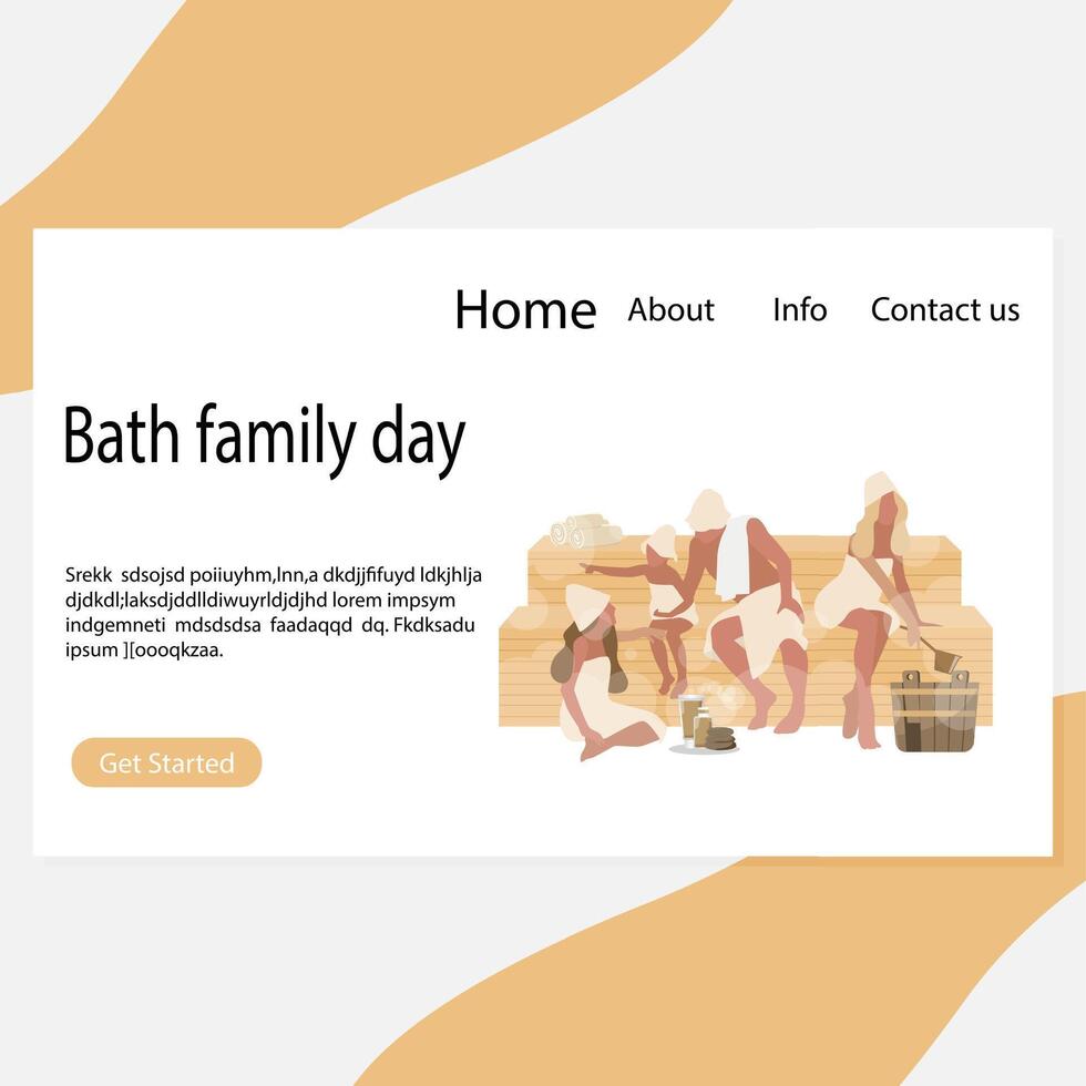 Bath family day page, healthy relax spa. Father mother with kids rest in bathhouse. Vector healthy hygiene and hygiene illustration