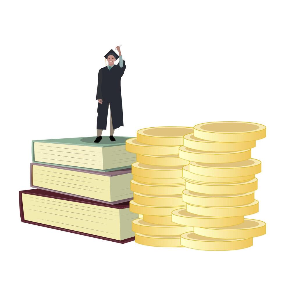 Student get scholarship to study in university. Money stack and books for graduation. Vector education finance grant to learning in college illustration. Financial win scholarship