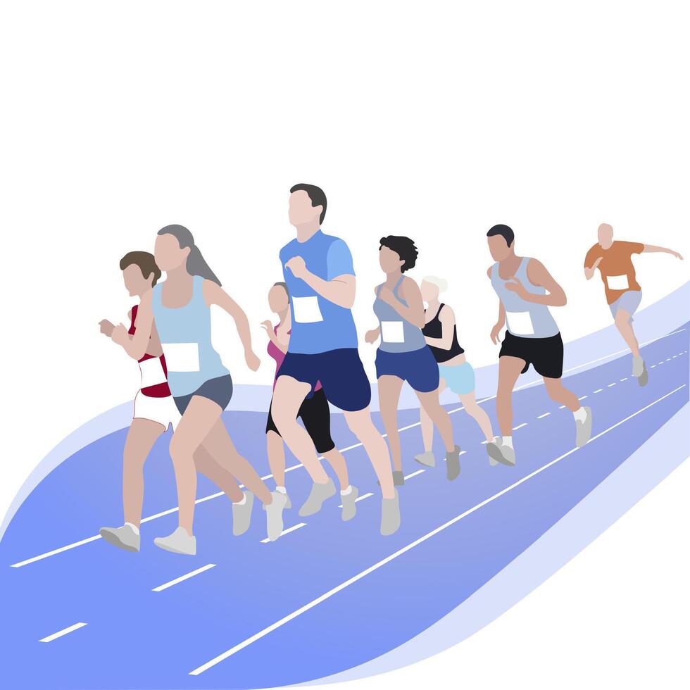 maratón corredor evento, competencia deporte correr. competencia ejercicio, deporte evento 5k carrera, velocidad caminar y correr exterior, deporte mujer y hombre. vector ilustración