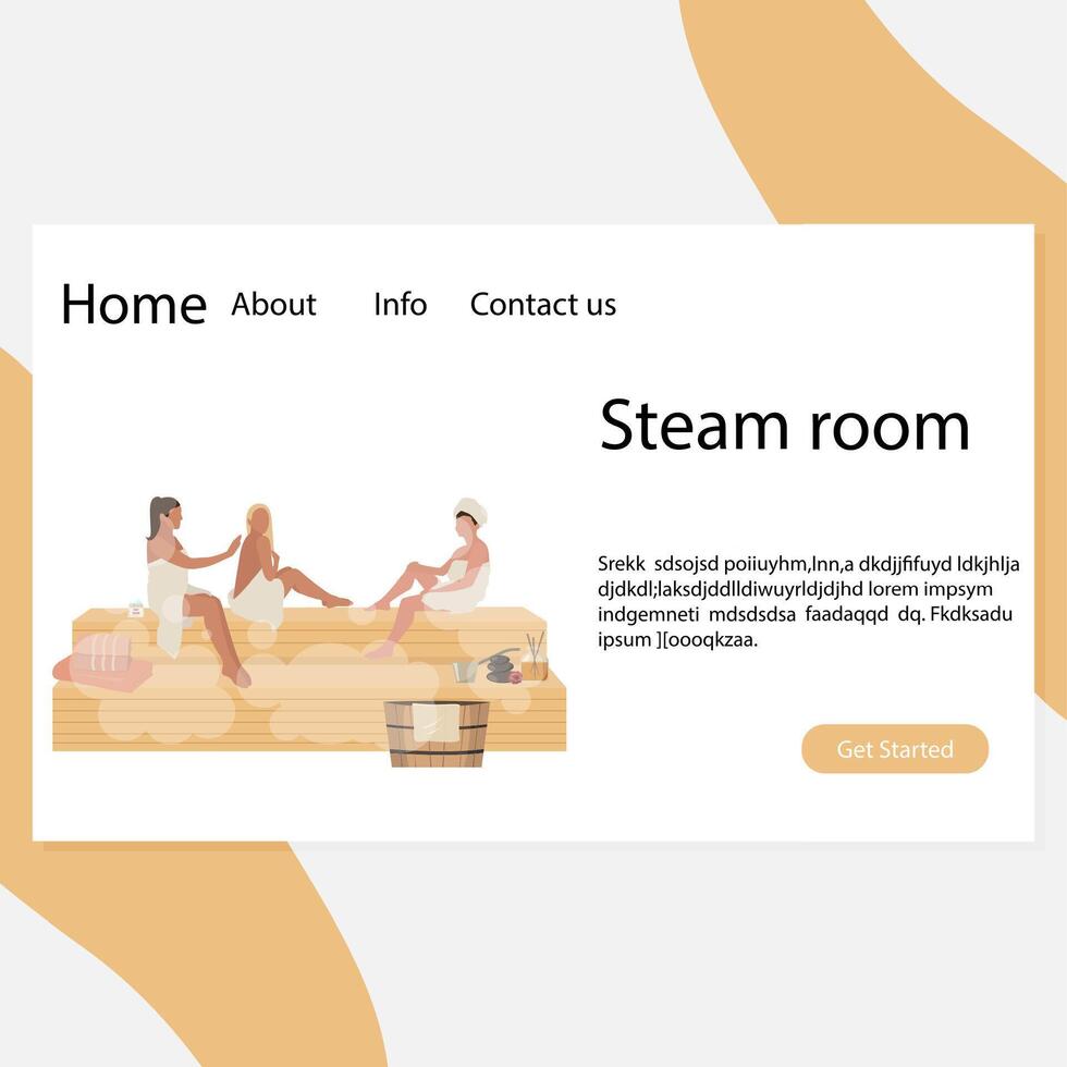 Landing page stream room, spa relax salon. Bathhouse and sauna website, treatment body in stream room, warm procedure, vector illustration