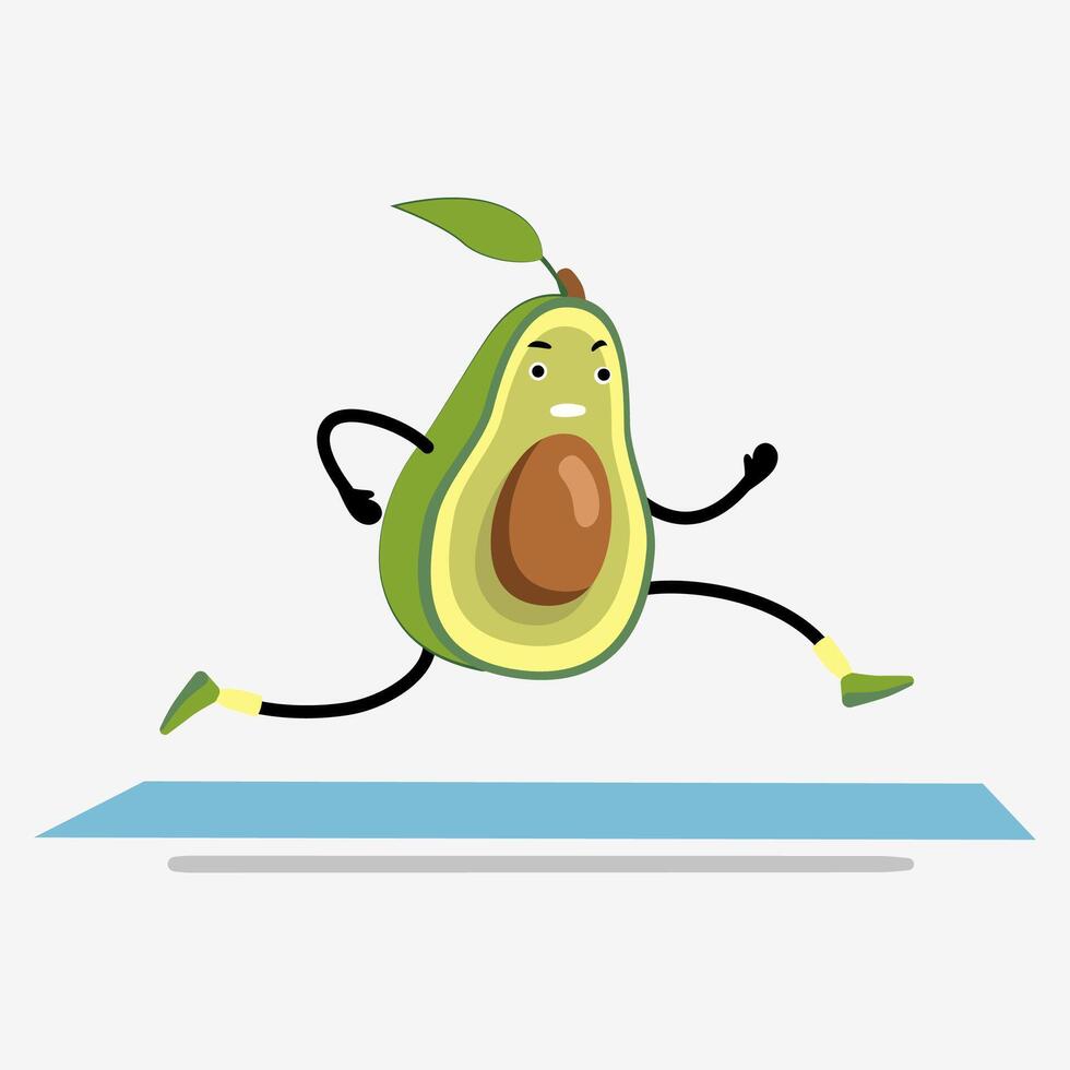 Avocado running or jogging on treadmill cartoon. Healthy sport in gym, funny and happy fruit for health, fun fitness training exercise. Vector illustration