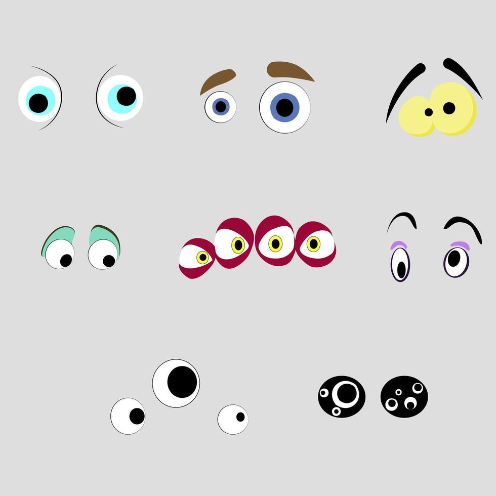Monsters eyes of set, cartoon aliens sight. Look expression mad and crazy, eyesight comic demon, freaky scared, watch thoughtful, vector illustration