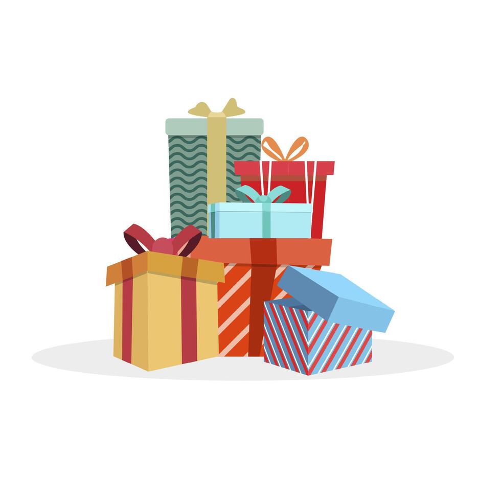 de colores montón regalo cajas a fiesta me gusta Navidad o cumpleaños. embalaje caja, a Navidad fiesta, sorpresa y saludo, vector ilustración, regalo caja cinta