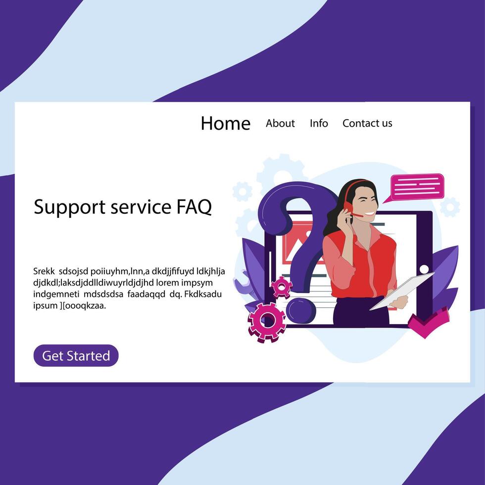 Support service FAQ landing page, operator call center. Vector helpdesk and support professional online assistance info, search faq for customer illustration