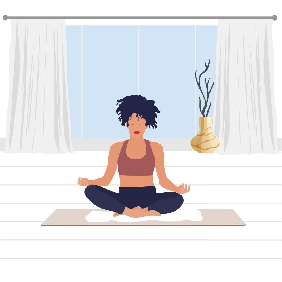 Woman meditating in room, breathing and meditation. Vector yoga fitness sitting on floor, concentration practice and leisure illustration