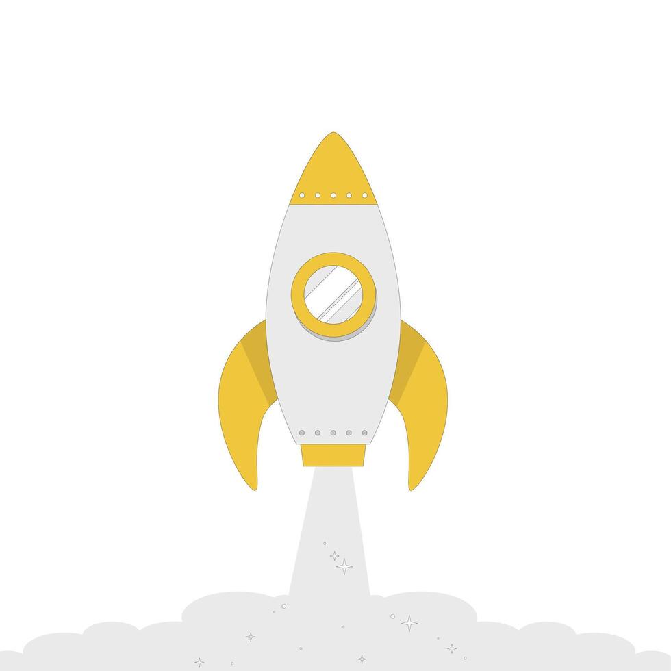 Rocket spaceship launch with white smoke, startup. Shuttle travel and takeoff start up. Vector illustration