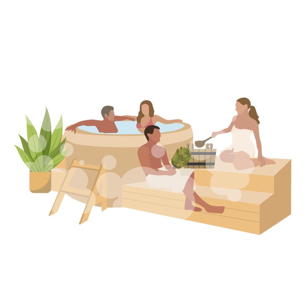Sauna concept, people resting in bathhouse, pool and wooden bench. Vector spa therapy and body care treatment, relax and recreation illustration