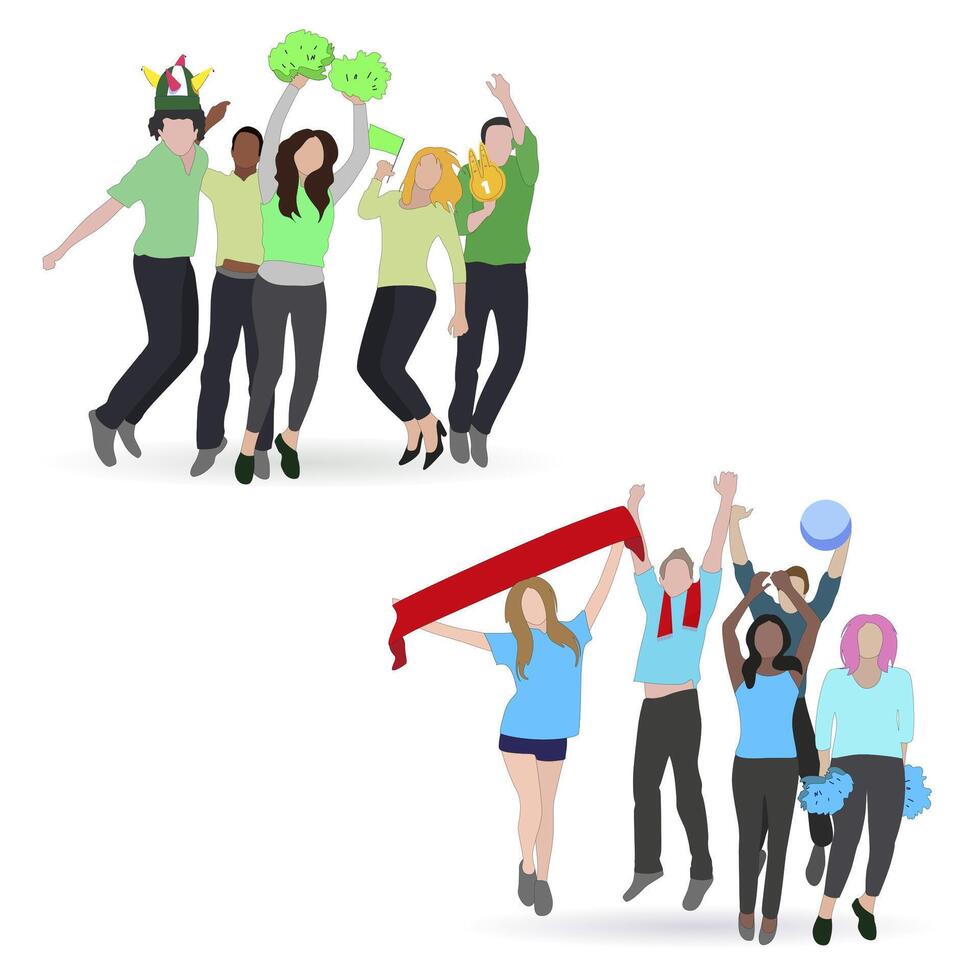 Fan football soccer, crowd people with sport scarf hat on color team, spectator with flag, opposite sport fans with flags and paraphernalia. Vector illustration