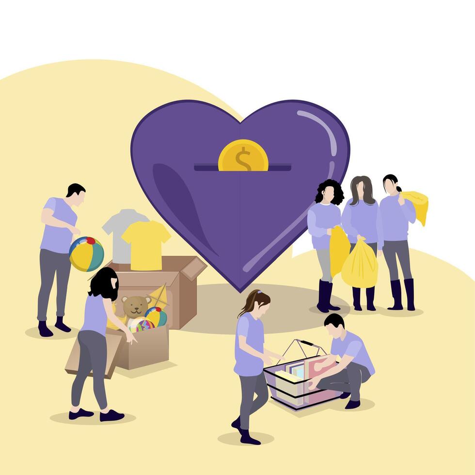 Volunteering concept, people collect things and money for charity. Vector donate charity, help and hope, illustration social nonprofit aid