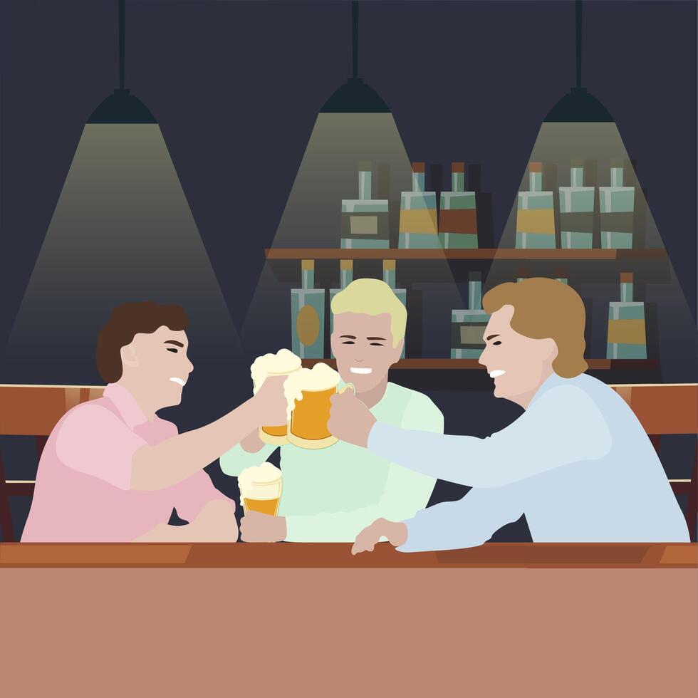 Man drink beer in pub, mugs with lager cheers. Drinking glass beer, interior bar and pub after hard work week, friday party. Vector illustration