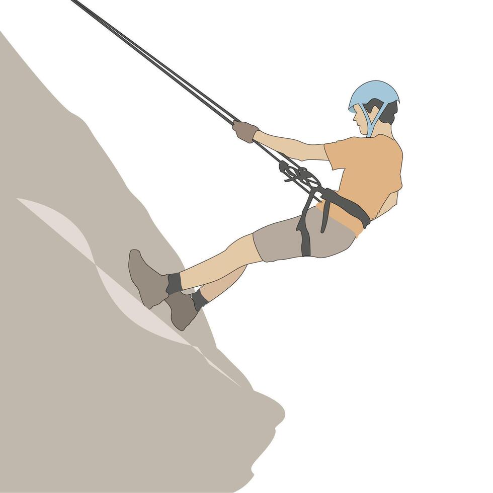 Mountaineer climbs on top of mountain. Man climb to top rock, vector climber on mountain cliff, extreme adventure with equipment tourism, mountaineering activity illustration