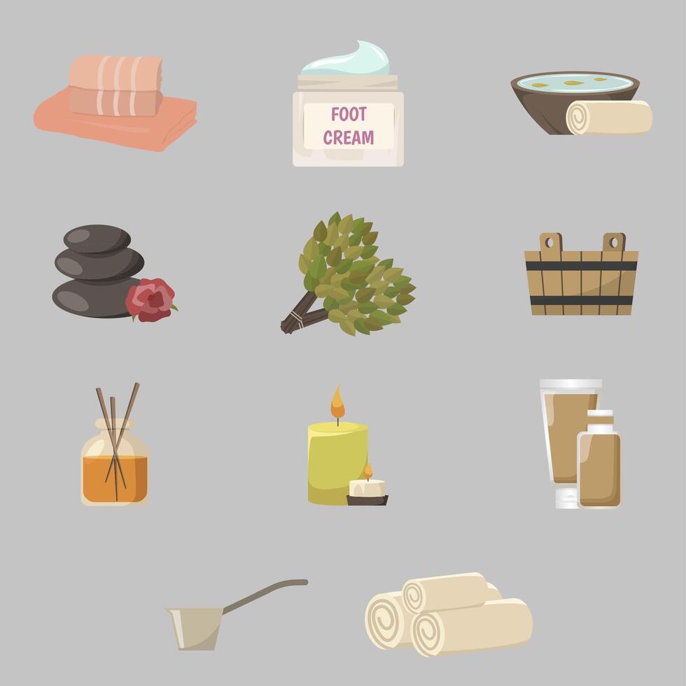 Sauna icons set, equipment and accessories. Broom leaf, towel and hot stones, wooden bucket and cream. Bath sauna equipment to spa steam, bucket and stones. Vector illustration