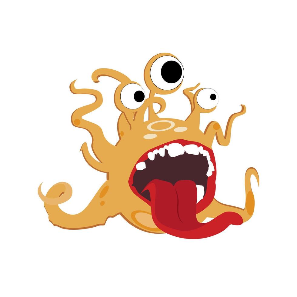 Cute monster with round eyes and tentacles. Funny mascot angry and crazy with open mouth and stick out tongue, screaming face troll. Vector illustration