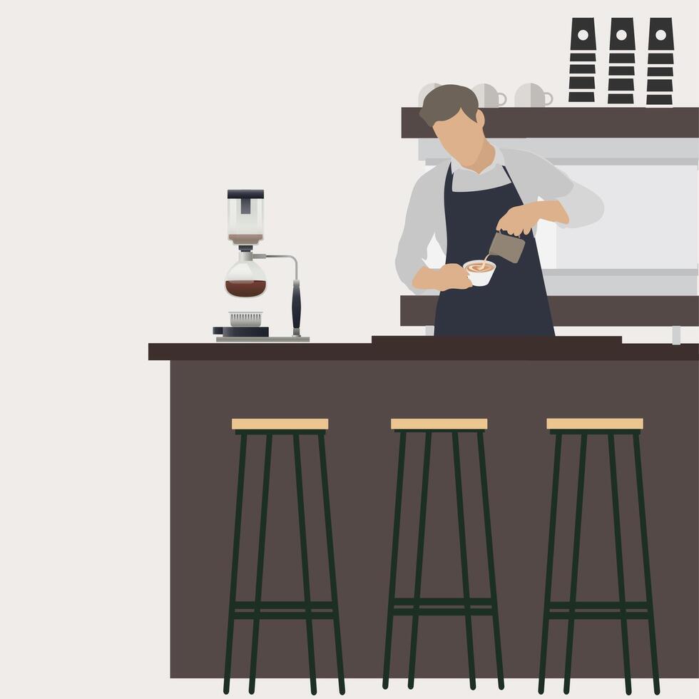 Barista at workplace makes coffee. Vector barista man in restaurant, man works in cafe, cafeteria interior, worker make espresso, worker in coffeehouse illustration