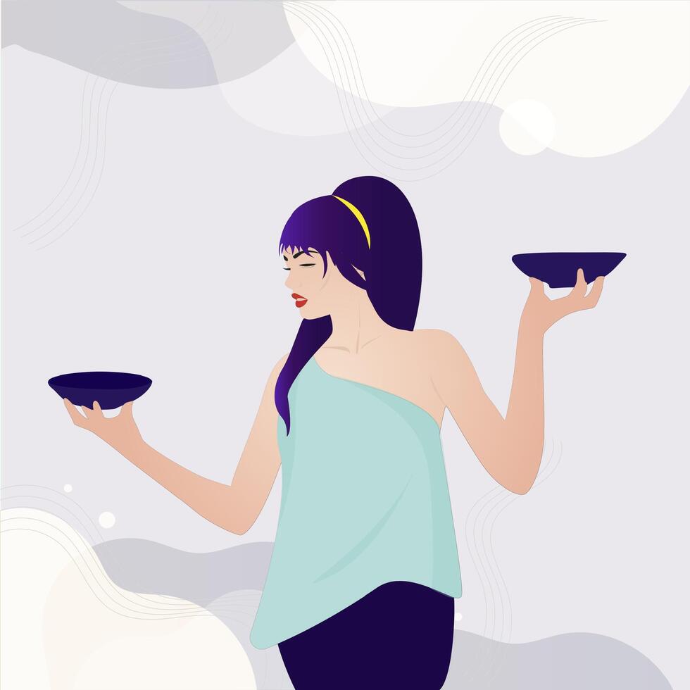 Beautiful woman with empty bowls scale. Banner or poster for beauty and spa salon. Vector illustration, body relax and health