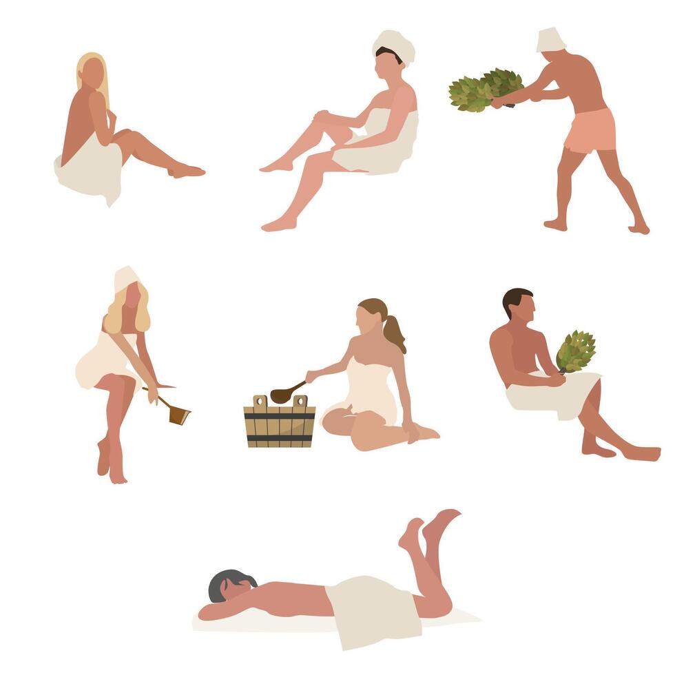 Man woman in bath towel in steam room, various poses. People relax in bath room or sauna, spa steam cartoon, girl and man wellness . Vector illustration