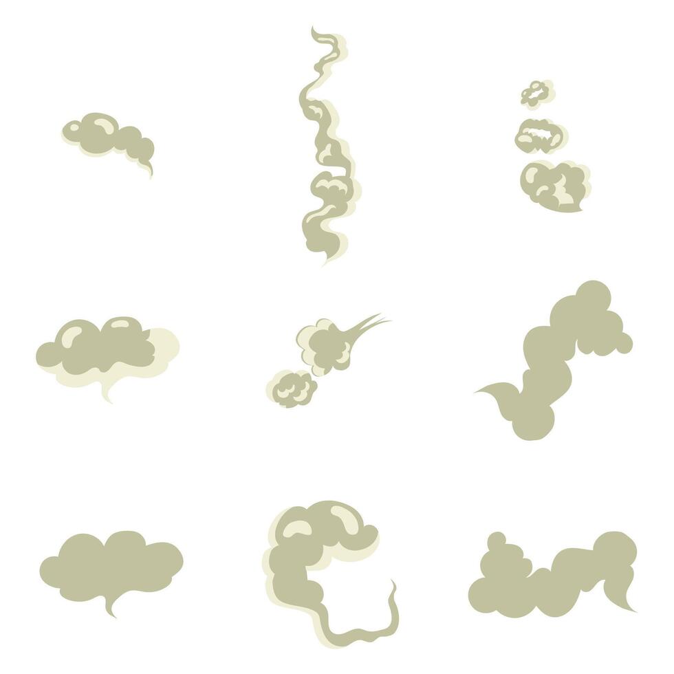 Toxic smoke cigarette or vapor. Vector shape fume, chemical vapour, collection flow steam, illustration fog mist from cigarette teeth and food in expired