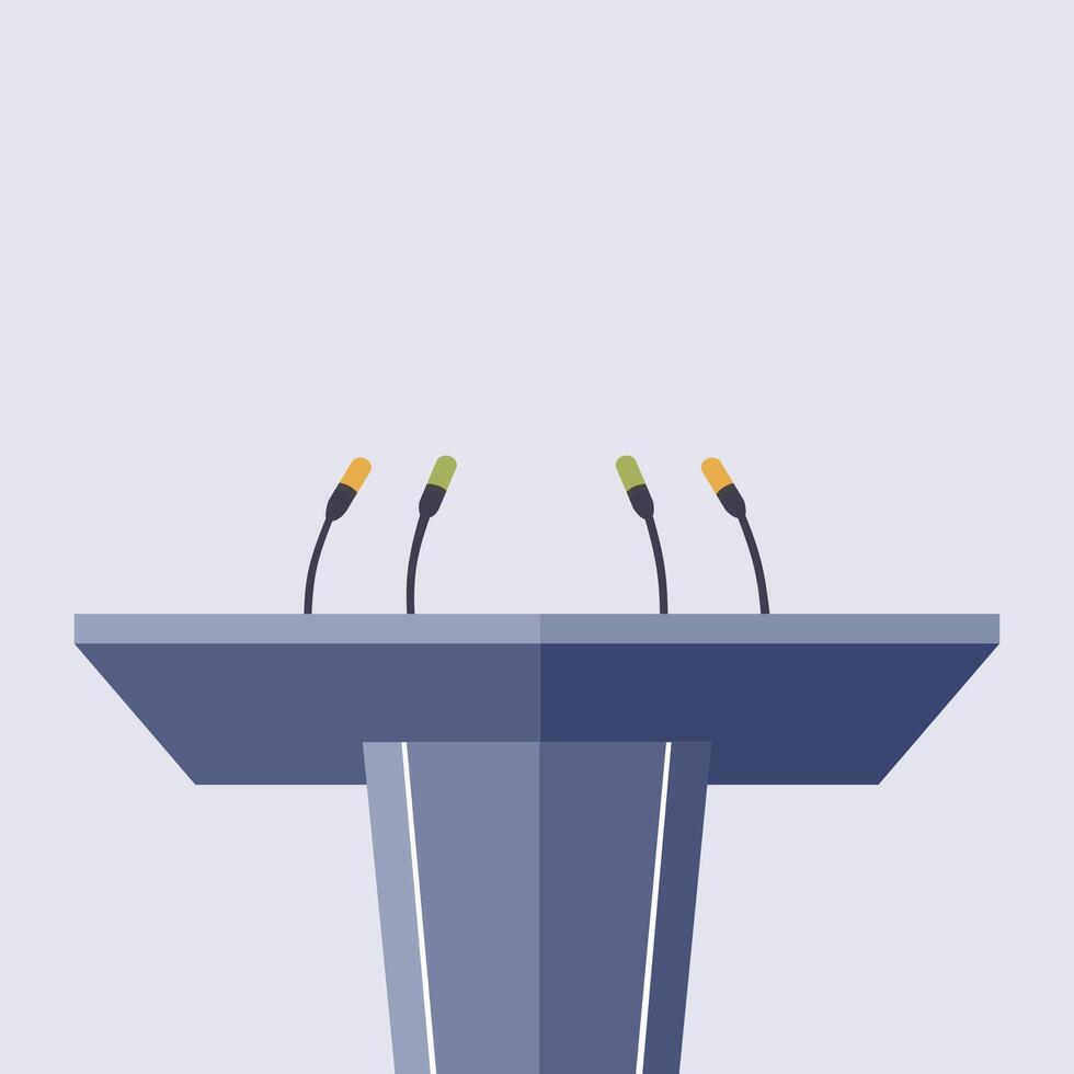 Tribune with microphone for press conference and announce. Journalist press and microphone, conference interview, journalism and mass news, vector illustration