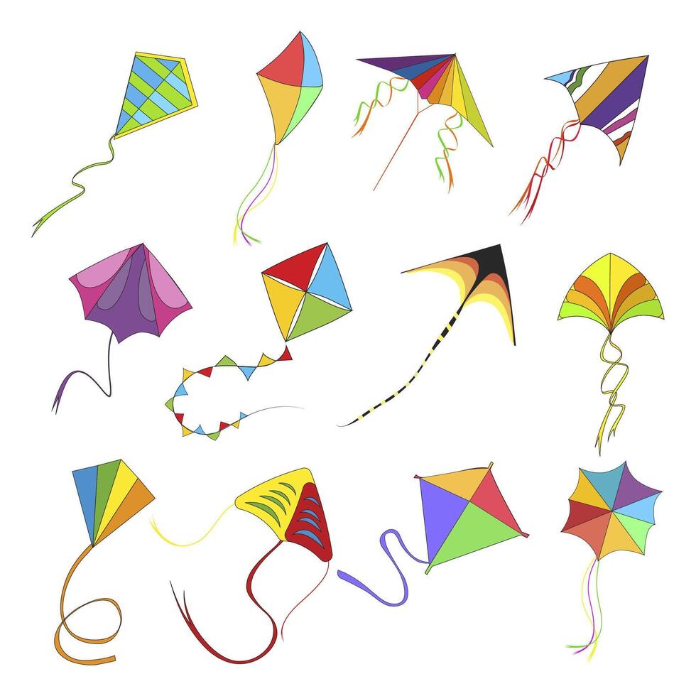 Flying kite set, colored kids toys in high sky, indian holiday makar sankranti, childhood play fly kite, entertainment playing. Vector illustration