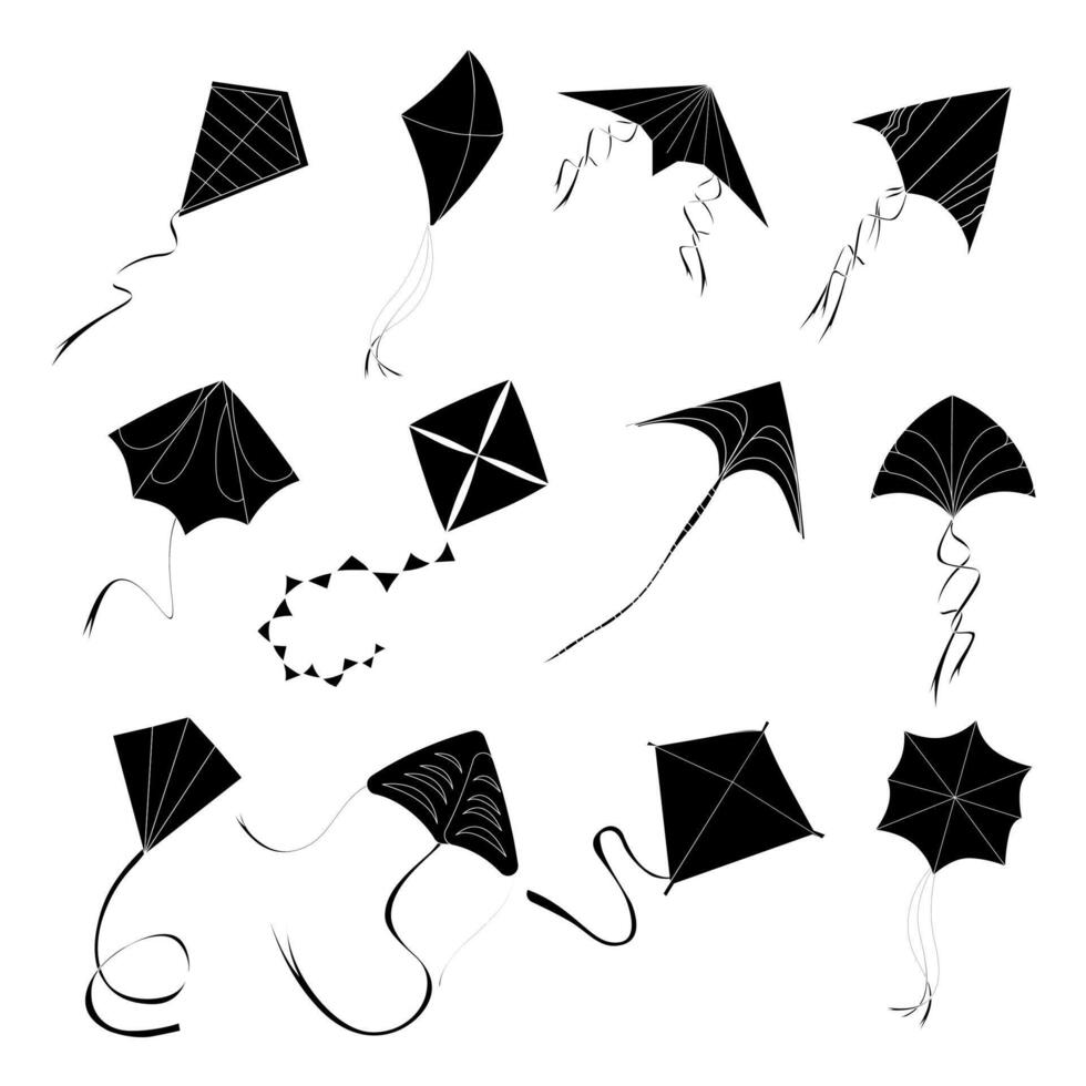 Flying kite black white in high sky, joy and leisure, play toys summer, entertainment playing. Joy and leisure, fly sankranti outdoor vector