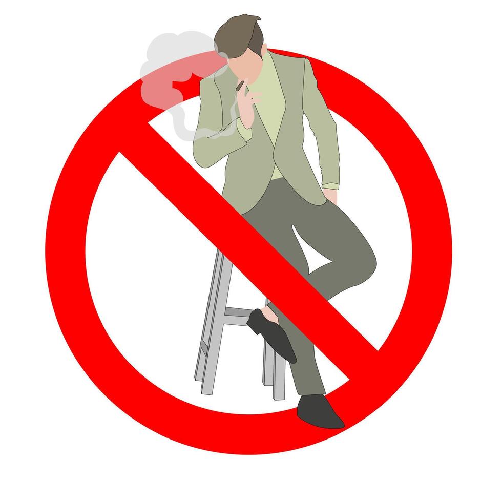 No smoking area, ban smoker, prohibition nicotine, healthy icon, not cigar smoke. Vector male smoke cross ban, smoking adult, smoker with cigarette, anti tobacco information illustration