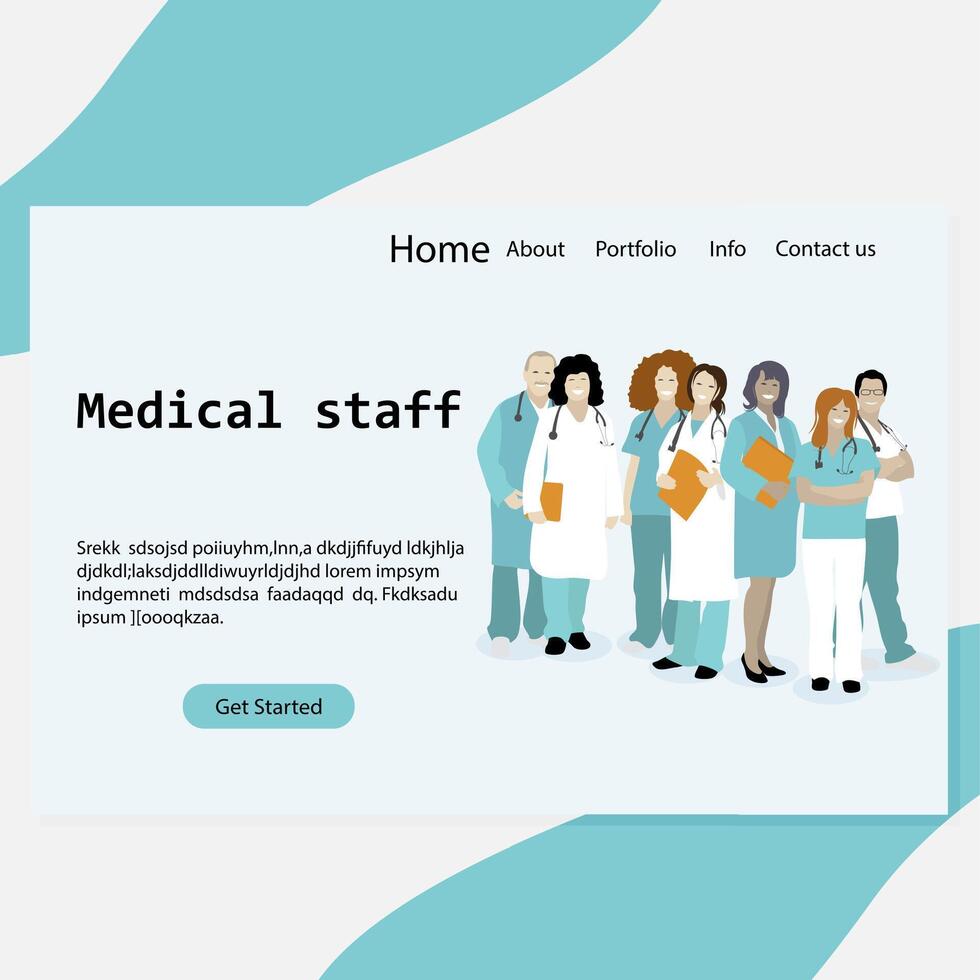 Landing page medical staff, clinic or hospital homepage. Doctor and nurse, medical worker and dentist, website healthcare. Vector illustration