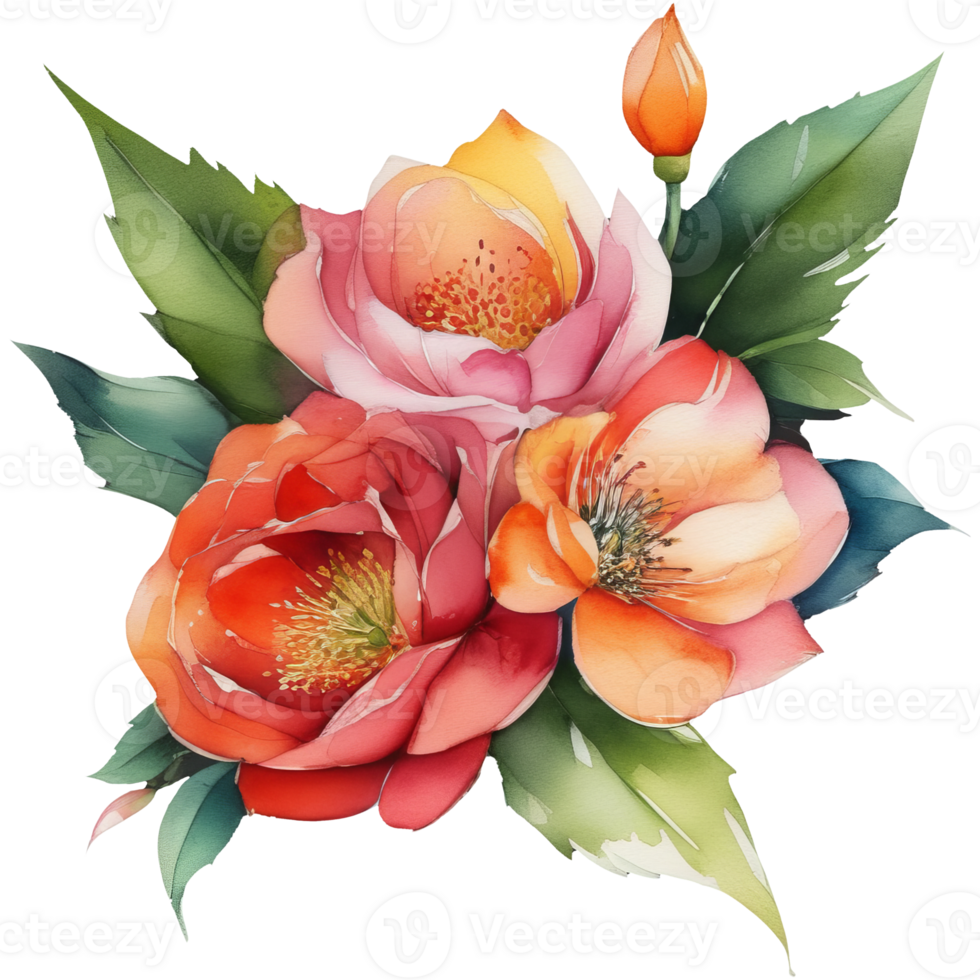 ai generado acuarela floral ilustración con vibrante colores, para Boda estacionario, saludos, fondos de pantalla, moda, transparente antecedentes. png