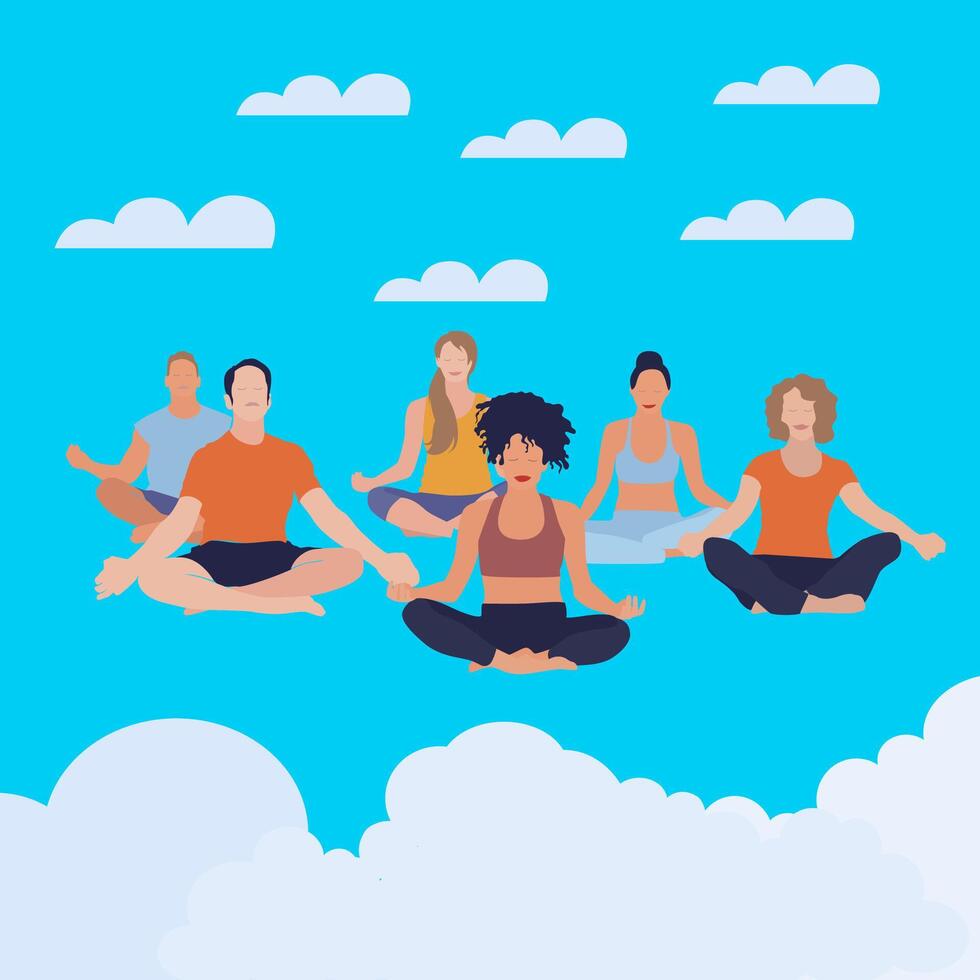 People meditate in pose lotus, soar in cloud sky. Vector meditation, exercise girl fitness illustration