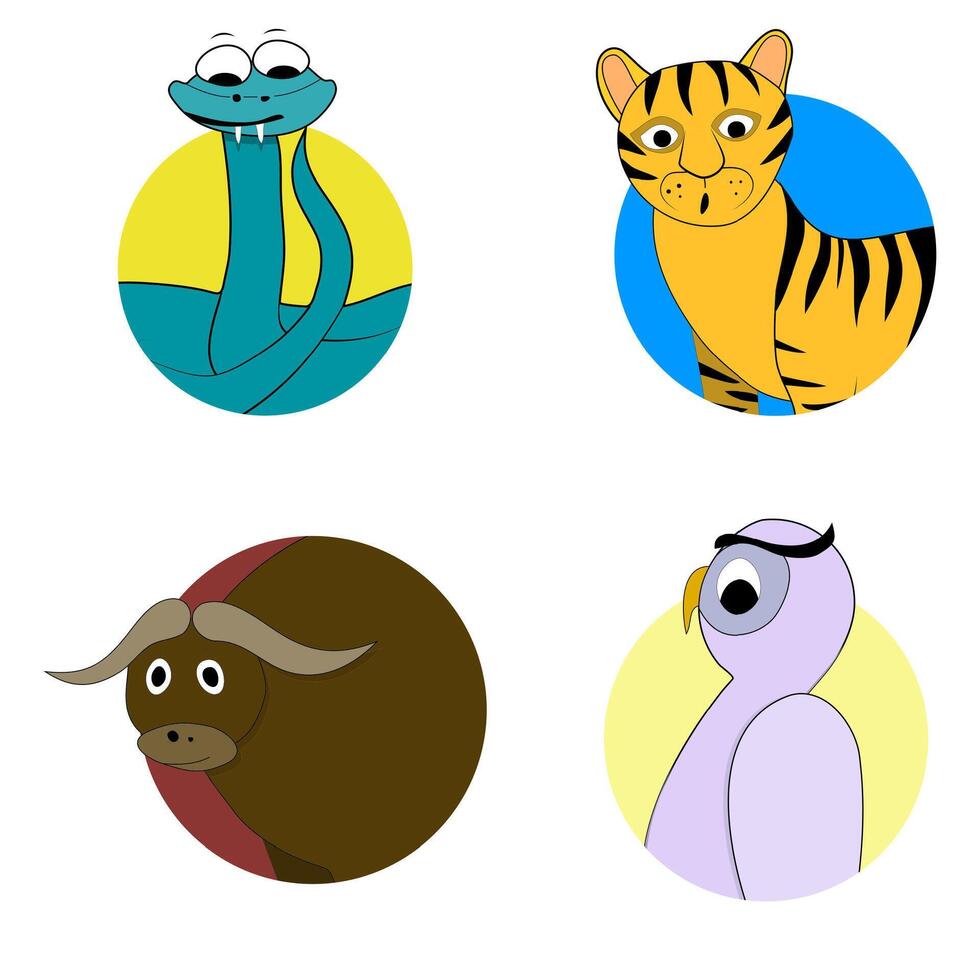 Animals avatar sticker set, owl tiger snake and bull. Personage character badge, snake predator and wild animals. Vector illustration