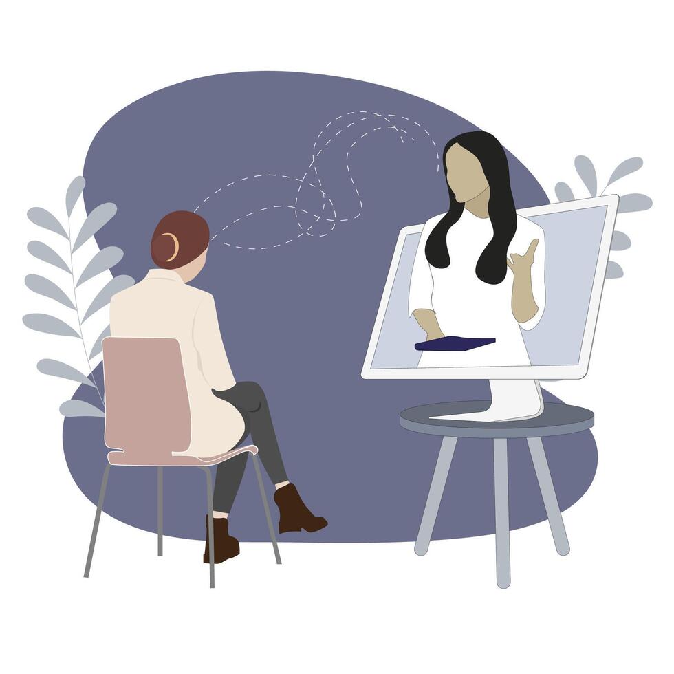 Personal psychology helpline, conversation and consultation, psychoanalysis discussion, online individual treatment against phobia, remote support mind. Vector illustration, mental rehabilitation