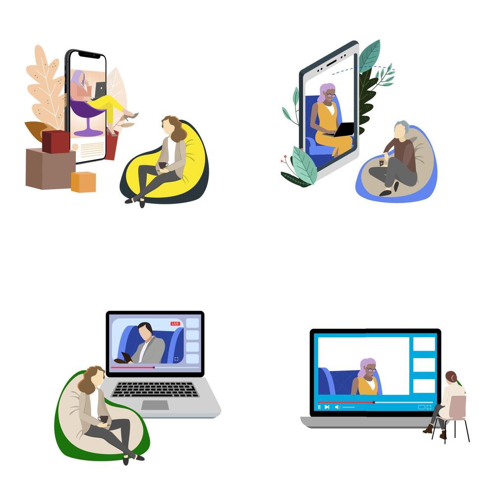 Online visit to psychiatrist concept, various patients and doctors. Psychological therapist and rehabilitation, consultation online and therapy, psychologist remote discussion. Vector illustration