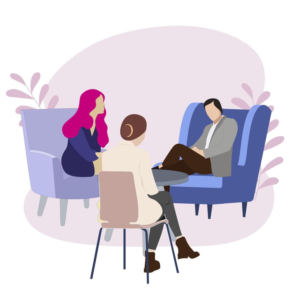 Couple being consulted by psychologist about divorce, family psychotherapia, vector relationship crisis psychological, wife and husband have a go solve problem illustration