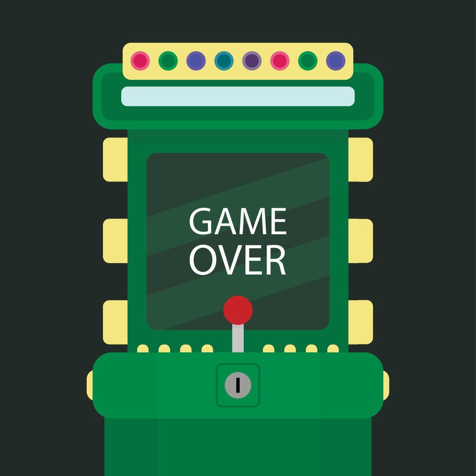 Game over arcade banner, end of playing in computer game. Vector display video finish game, template retro virtual failure, screen final classic action illustration