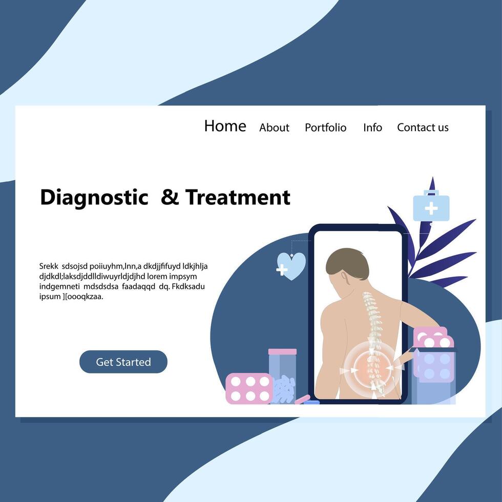 Online alternative therapy to be treated landing page. Doctor oneself for spine and backstance ache, osteopath chiropractor onlne use smartphone. Vector illustration