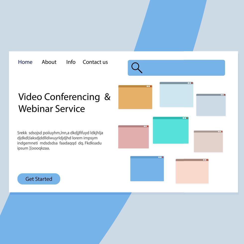 Video conferencing and webinar service landing page. Application interface for communication remotly, education meeting and seminar network. Vector illustration business conferencing and video call