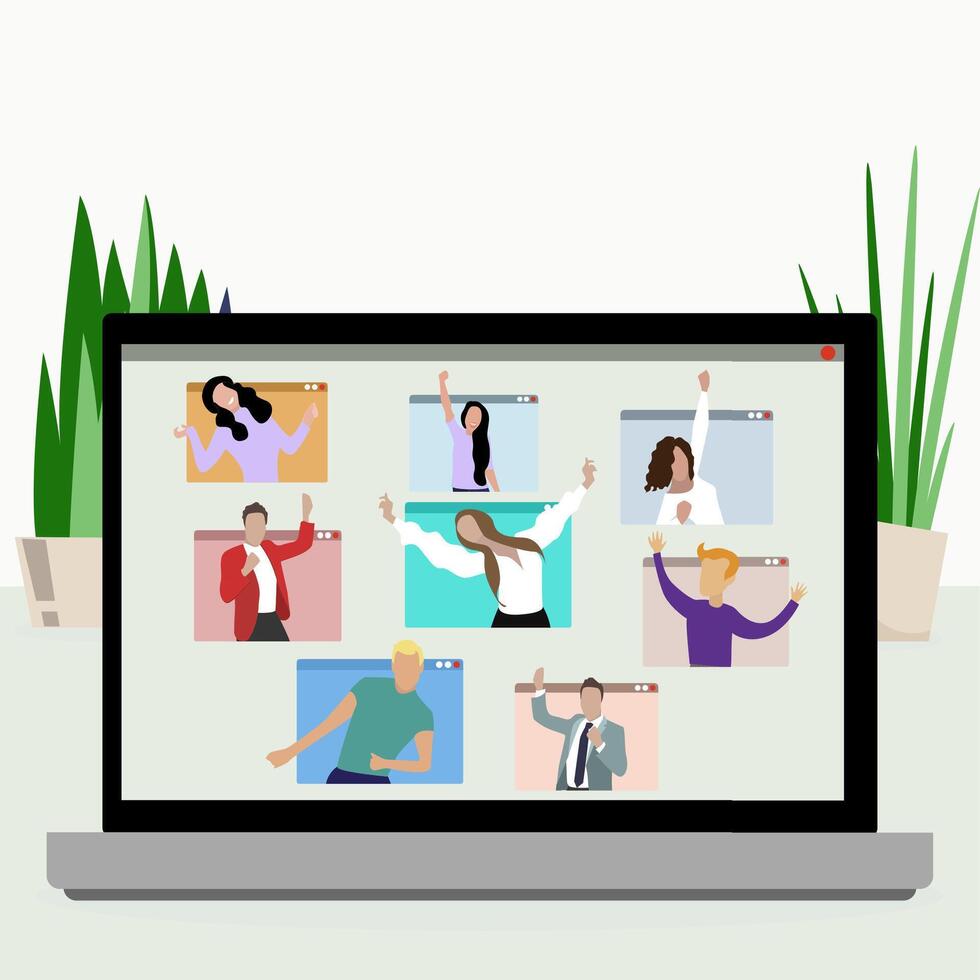Video call and celebration, conference web meeting at laptop. Vector video call celebrate in quarantine, conference entertainment and meeting remote use laptop illustration
