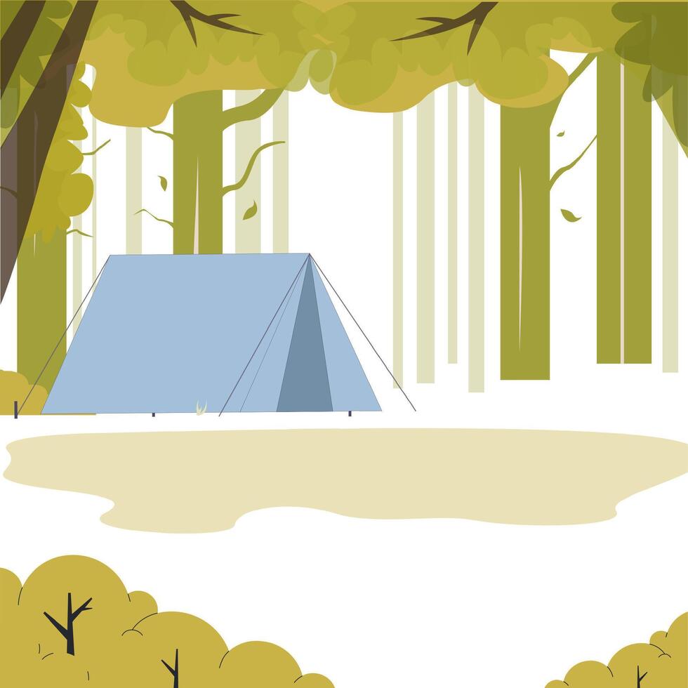 Landscape tent in green wood, place to camping. Vector adventure and tourism, outdoor wood camp, summer travel expedition