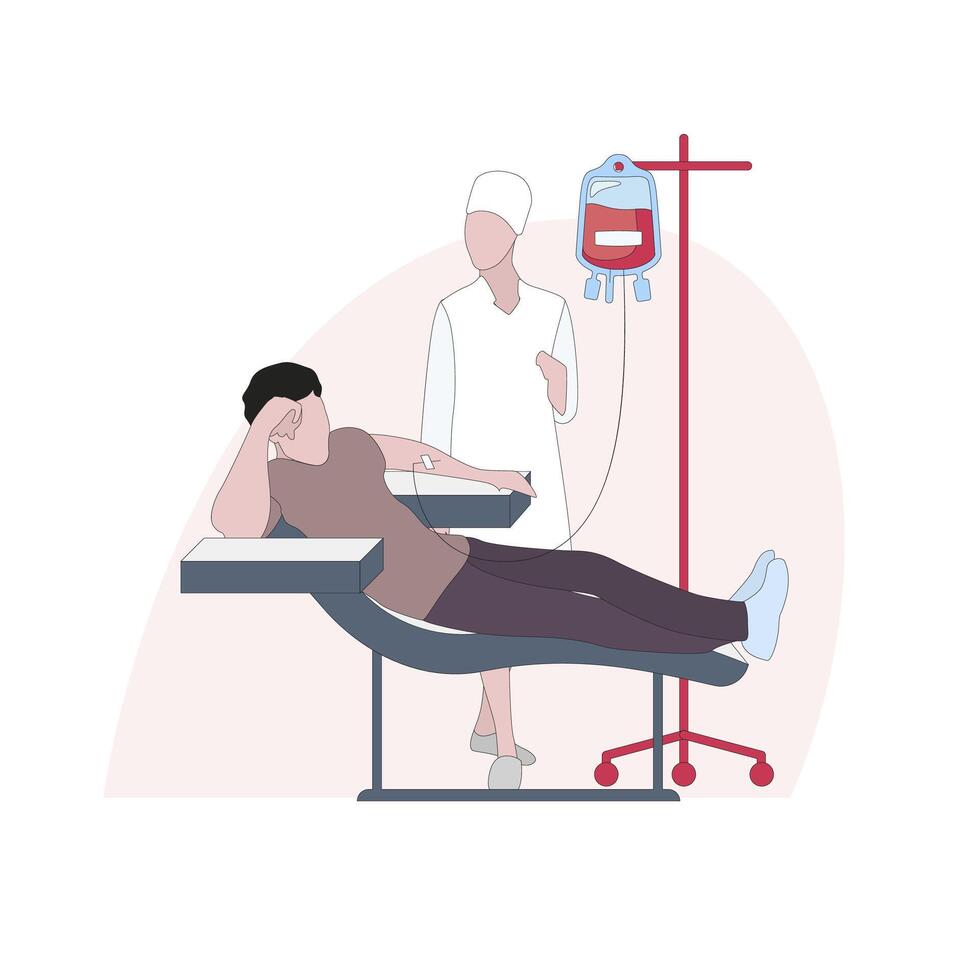 Donor give blood to charity, drip and supply, immediately collect for transfusion, healthcare donation by volunteer, patient in clinic laboratory, vector illustration