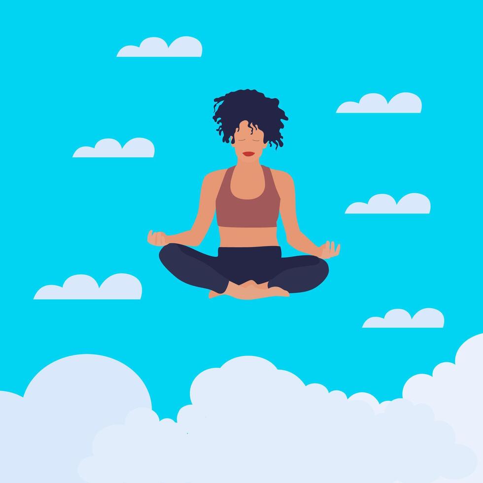 Woman meditates and soar in cloudy sky. Vector meditation exercise in pose lotus, gir beautiful balance, peaceful practice for mind healthy illustration