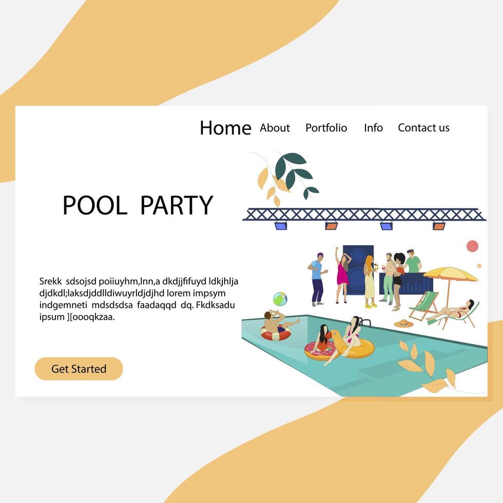 Pool party landing page, luxury and vip summer disco. Vector party disco, people dance and drink illustration. Elite club with pool and cool dj, vacation event