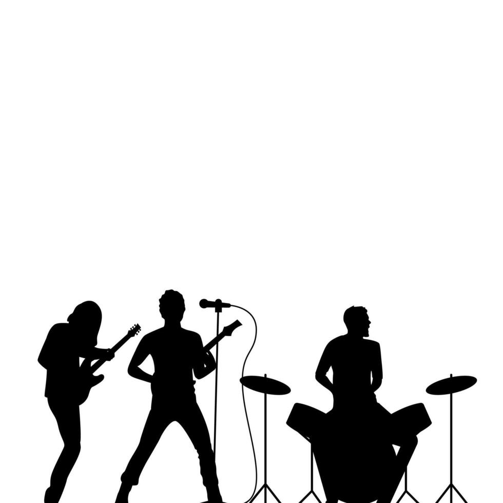 rock banda batería, cantante y guitarrista negro silueta, rock fondo de pantalla. rock concierto, musical ejecutando banda, ilustración de escena silueta vector