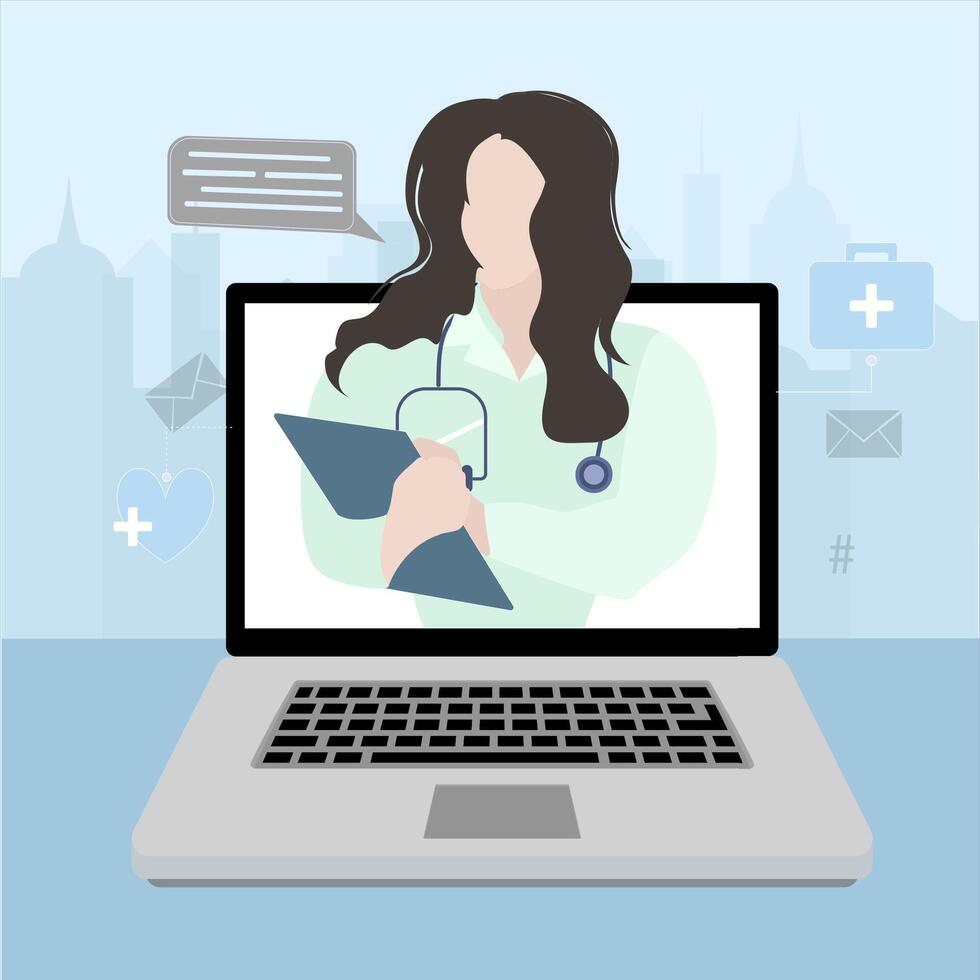 Medical consultation remote, doctor give advice from laptop. Vector healthcare consulting, doctor online suggest and recommend medications to treatment illustration
