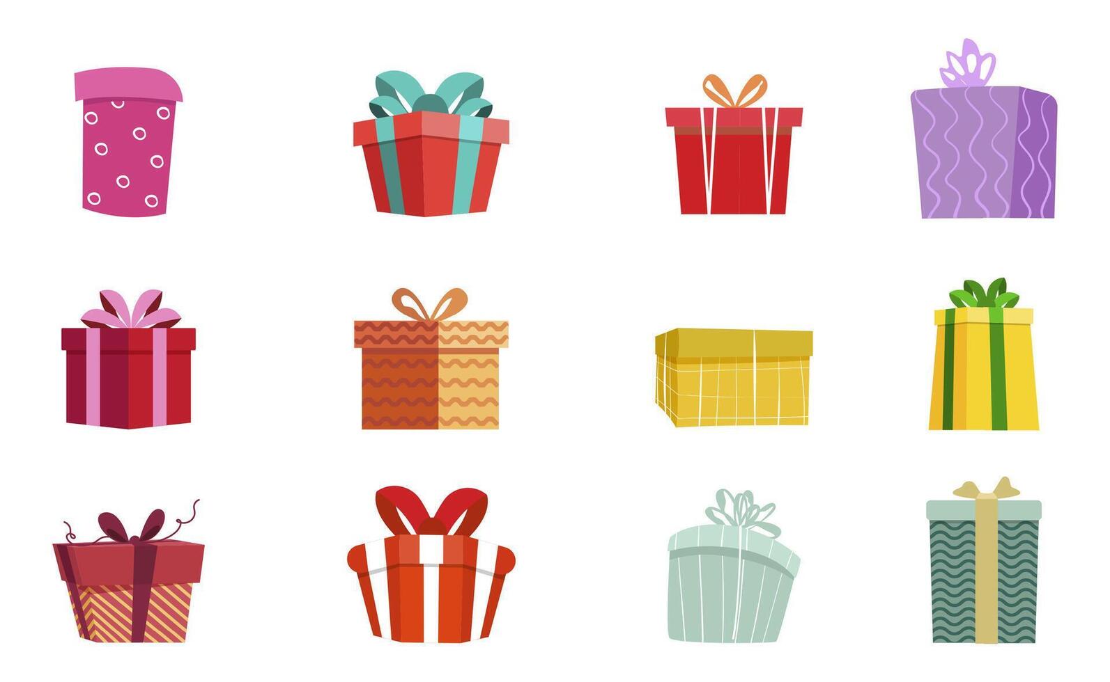 conjunto de regalo con arco dibujos animados plano recopilación. vector regalo presente caja, embalaje a aniversario fiesta, lote dibujos animados envase para nuevo año y saludo Navidad ilustración