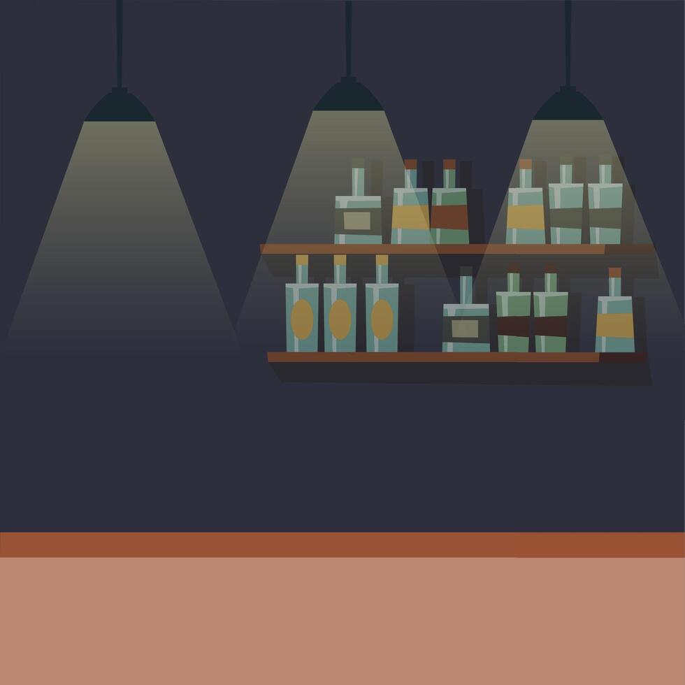 Empty bar counter, pub place with furniture and bottle alcohol. Vector restaurant nightlife illustration, nightclub counter