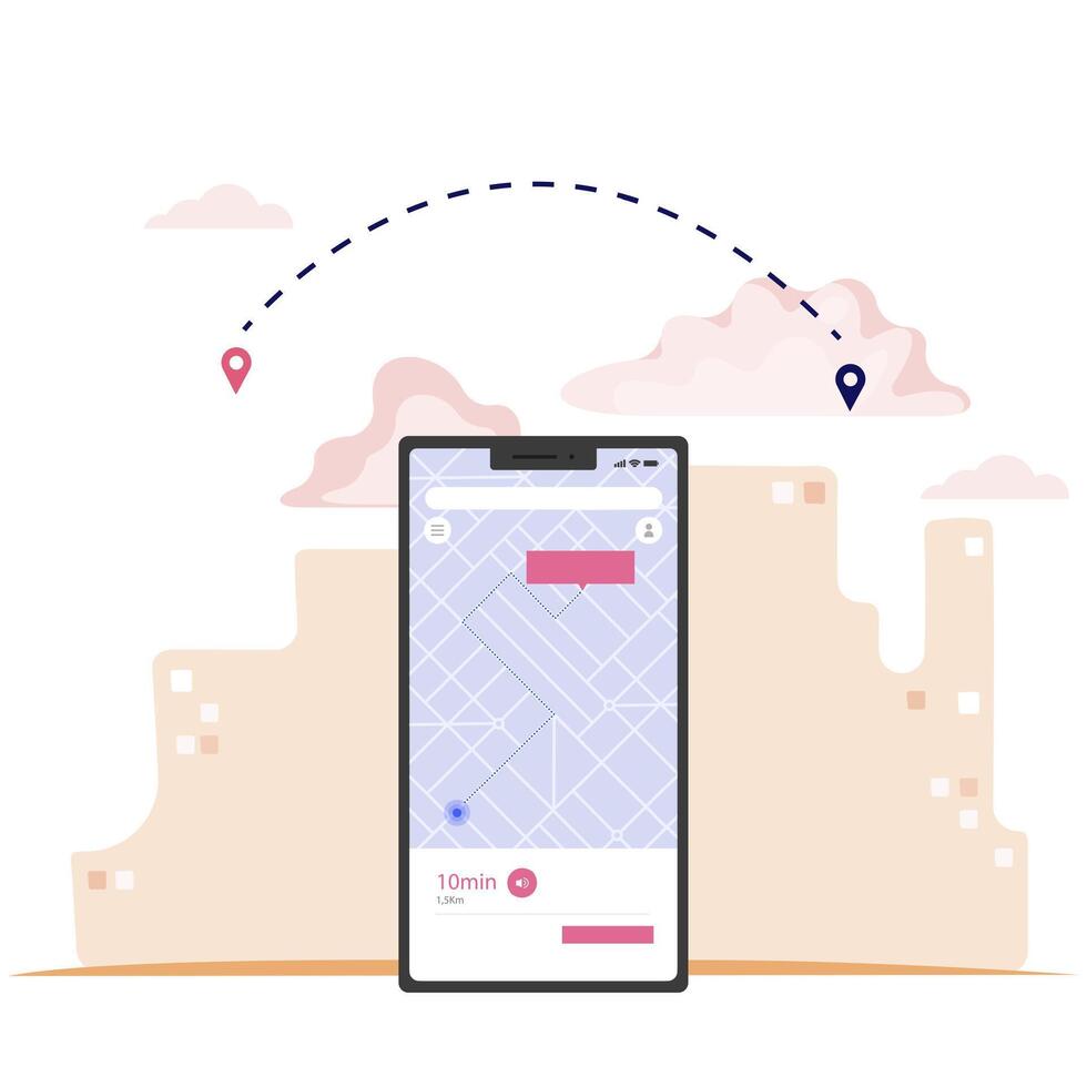 GPS mobile application for find correct way. Navigation mobile route to location, application for travel, cartography on smartphone, guide route search. Vector illustration