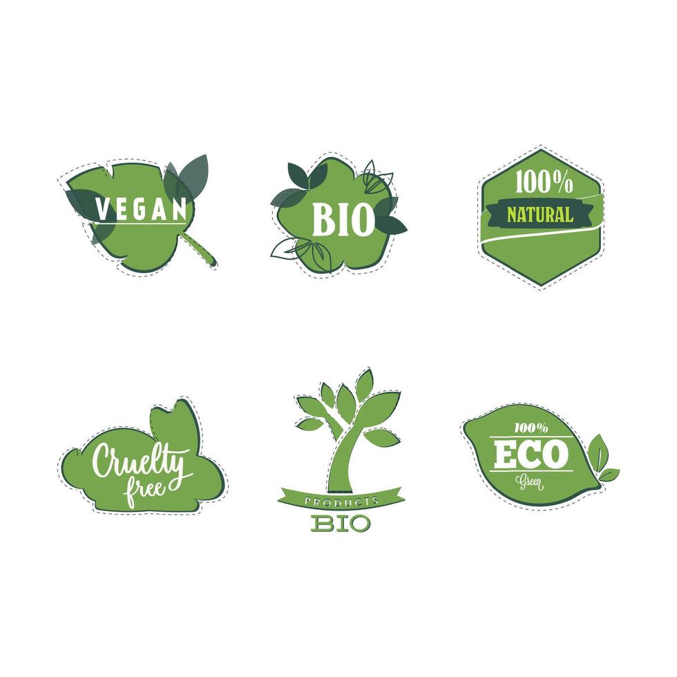 Bio and vegan stickers, natural product label for mark helpful food. Vector cruelty free and bio label, eco natural sticke illustration