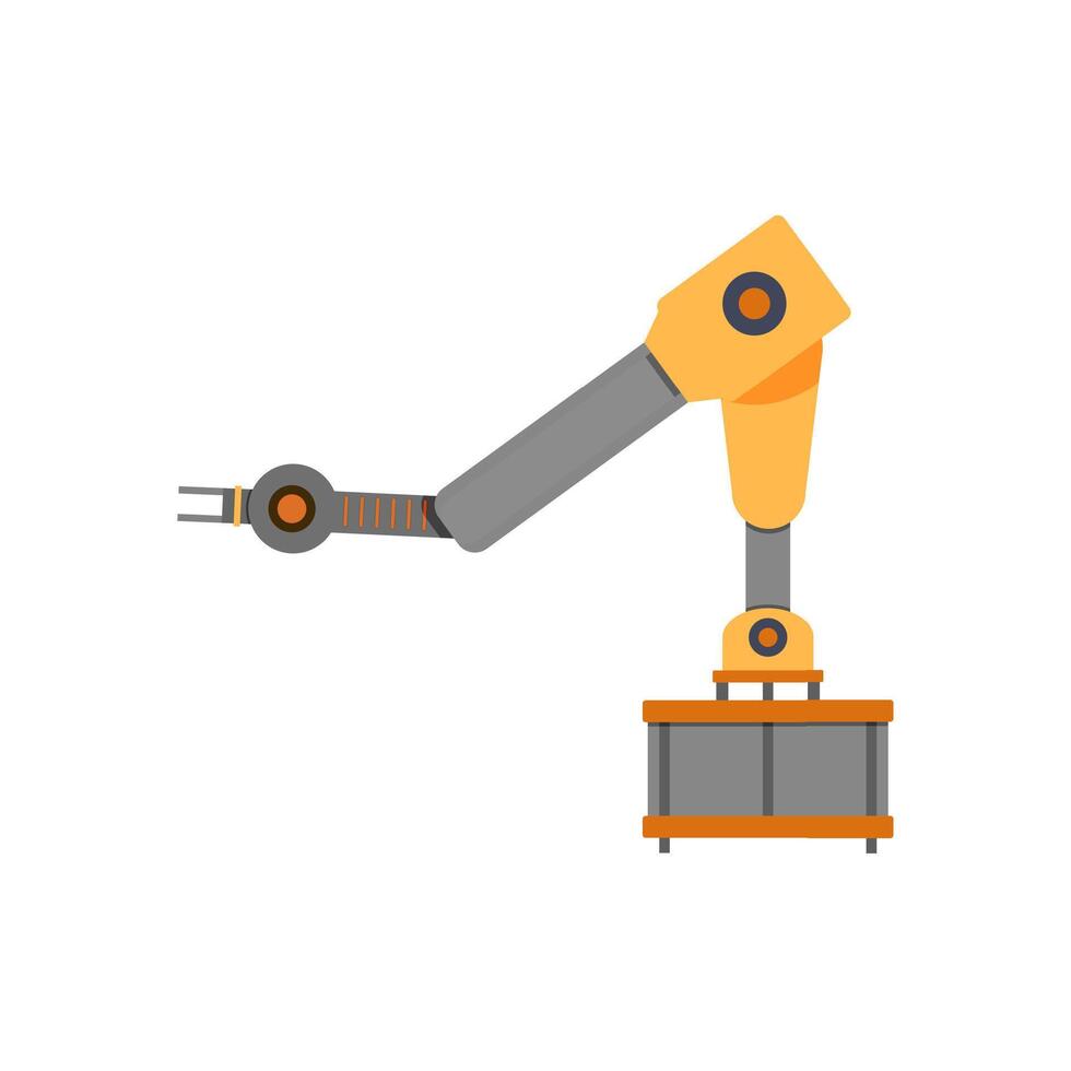 Arm mechanism to production conveyor belt. Robotic automated mechanic robot, industry production steel line electronic. Vector illustration